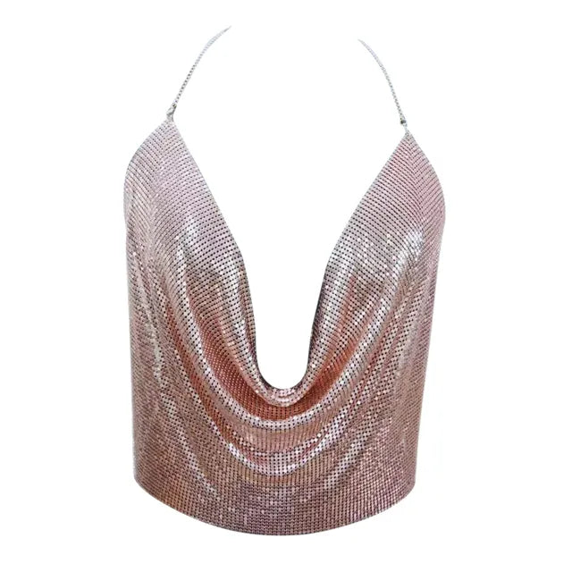 Dames glitter top met watervalhals in goud, zwart en zilver, veelzijdig en trendy.