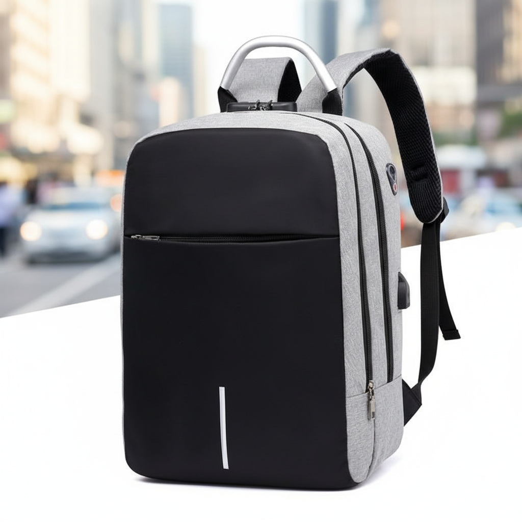 Zwarte anti-diefstal rugzak met geïntegreerde USB-oplaadpoort, ideaal voor veilig reizen en pendelen.