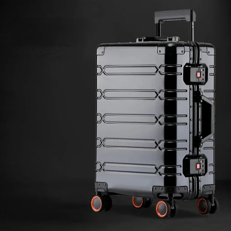 Hoogwaardige aluminium-magnesium reiskoffer Oslo met soepele 360 graden wielen voor moeiteloze mobiliteit.