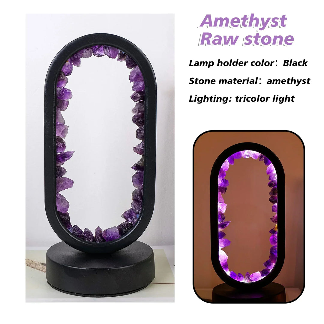 AuraStone amethist celestiet lamp, onverlicht, als kunstzinnig sculptuur in het interieur.