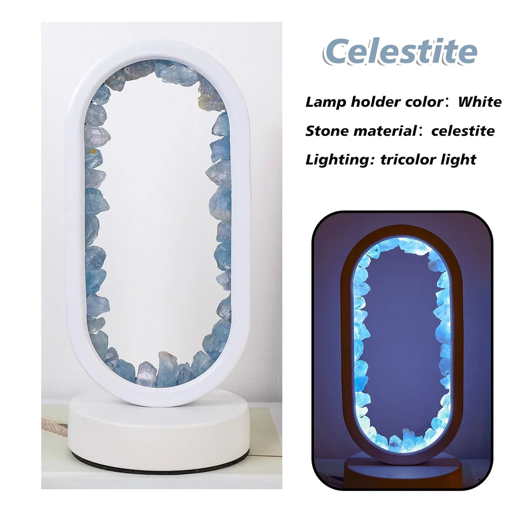 Unieke AuraStone amethist celestiet kristal lamp, handgemaakt voor uw interieur design.
