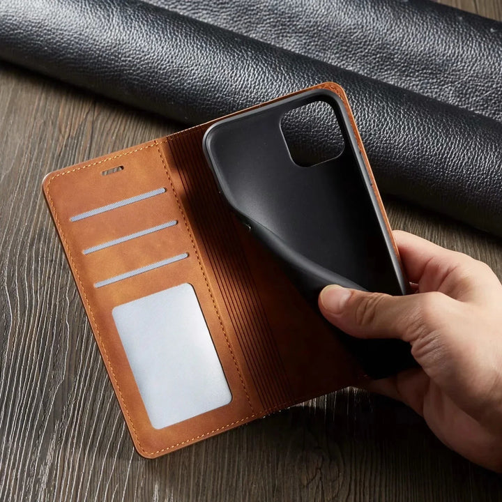 GripFold magnetisch iPhone hoesje van leer. Duurzame beschermhoes voor jouw telefoon, met luxe uitstraling.