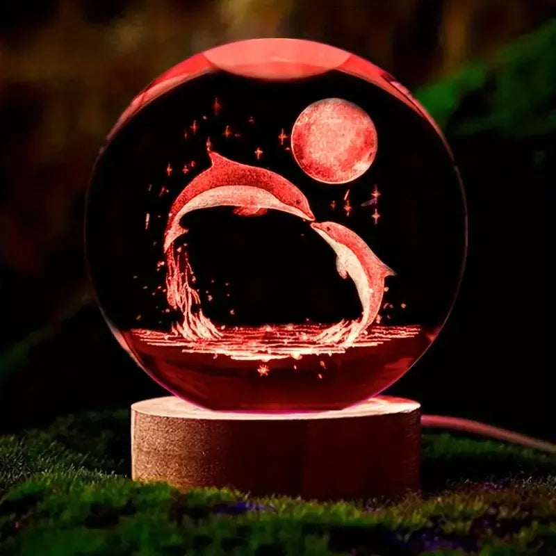 Prachtige kristallen bol met ingegraveerde 3D dolfijn en levendig LED licht, creëert een magische sfeer in de kamer.