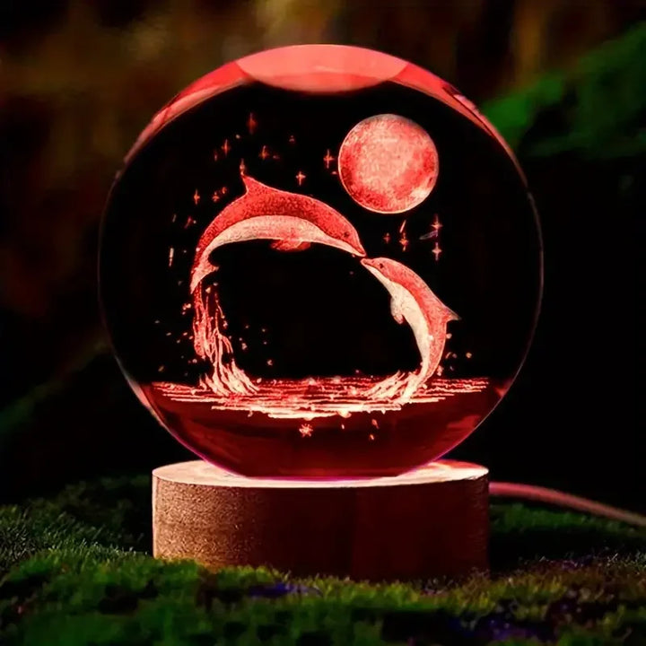 Prachtige kristallen bol met ingegraveerde 3D dolfijn en levendig LED licht, creëert een magische sfeer in de kamer.