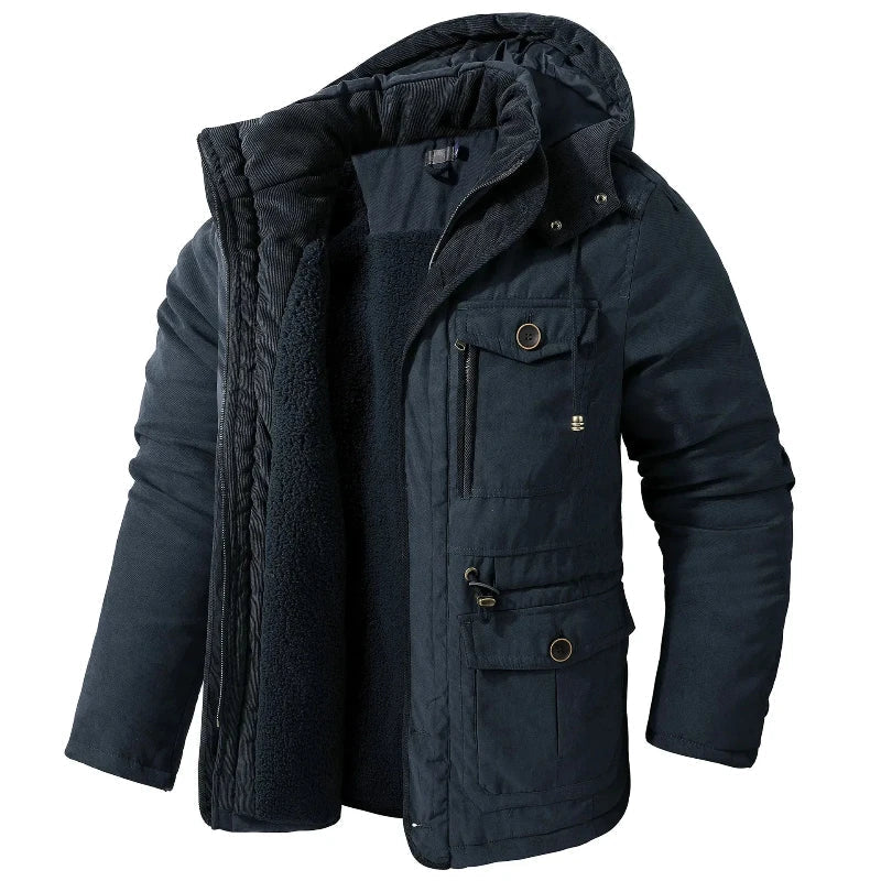 Detail van de waterdichte stof en warme fleecevoering van de comfortabele unisex winterparka.