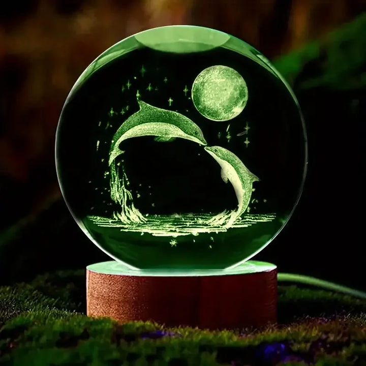 Unieke kristallen bol met 3D dolfijn gravure en kleurrijk LED licht, een origineel cadeau met zeemotief voor thuis.