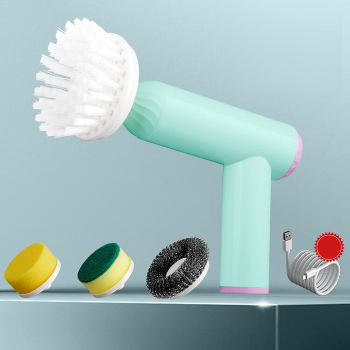 Complete multifunctionele schoonmaakborstel set met houder en diverse opzetstukken, klaar voor gebruik.
