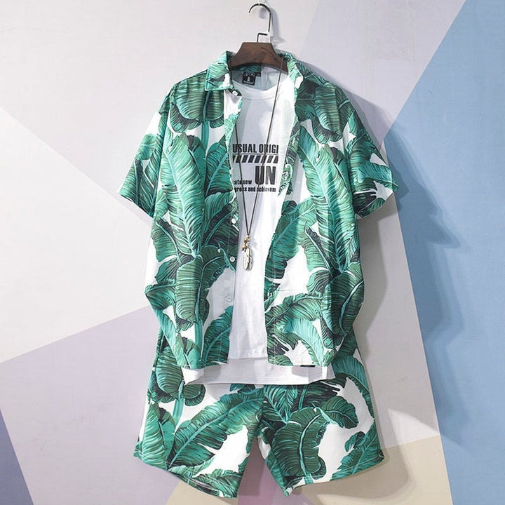 Kleurrijke heren Hawaii combiset met tropische print, perfect voor zomerse stranddagen of festivals.