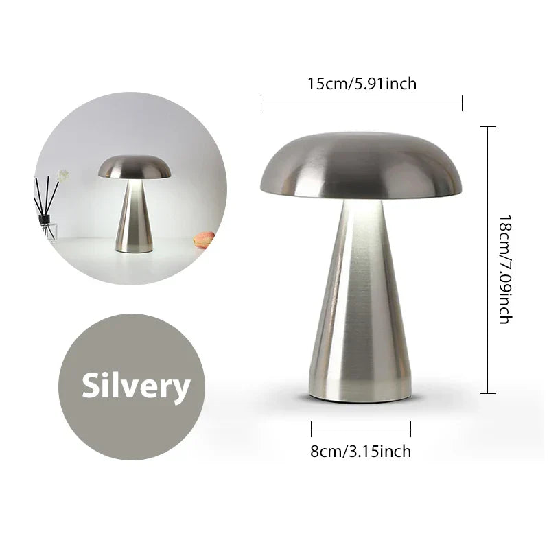 Dimbare retro paddenstoel LED tafellamp, oplaadbaar en draadloos. Sfeervolle interieur decoratie & barverlichting.