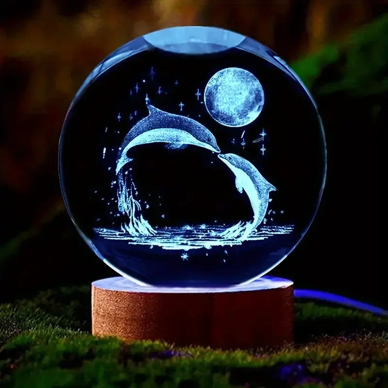 Sierlijke kristallen bol met 3D dolfijn gravure en dynamisch LED licht, functioneert als nachtlampje en decoratie.