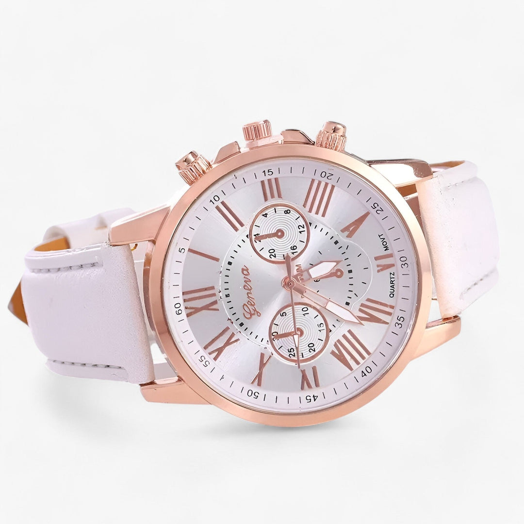 Tijdloos waterdicht dameshorloge Camille met luxe leren band, geschikt voor elke gelegenheid.