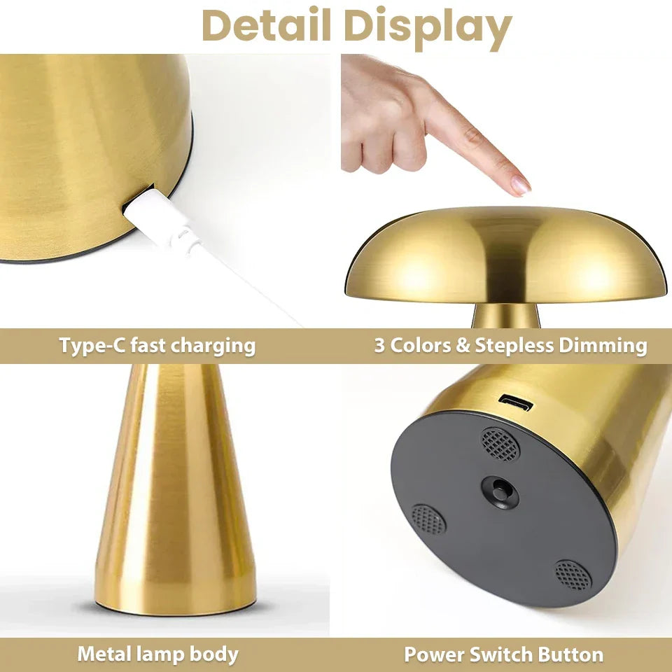 Dimbare LED paddenstoellamp voor eettafel of salon. Oplaadbaar en draadloos voor flexibele interieurdecoratie.