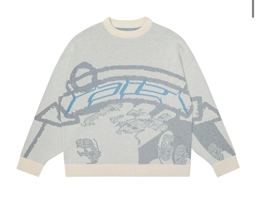 Achterkant van de comfortabele oversized dames trui met unieke print, soepele en losse pasvorm.