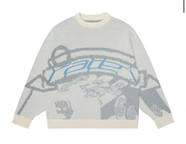 Achterkant van de comfortabele oversized dames trui met unieke print, soepele en losse pasvorm.
