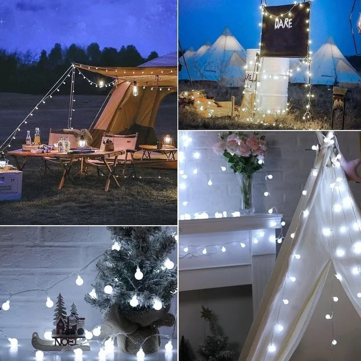 Feestelijke waterdichte LED bolverlichting; perfect voor kerstdecoratie of tuinfeesten.