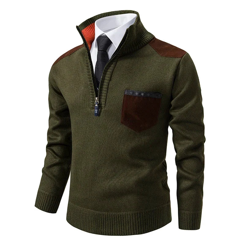 Dichtbij shot van de zachte stoftextuur van deze warme heren half zip trui.
