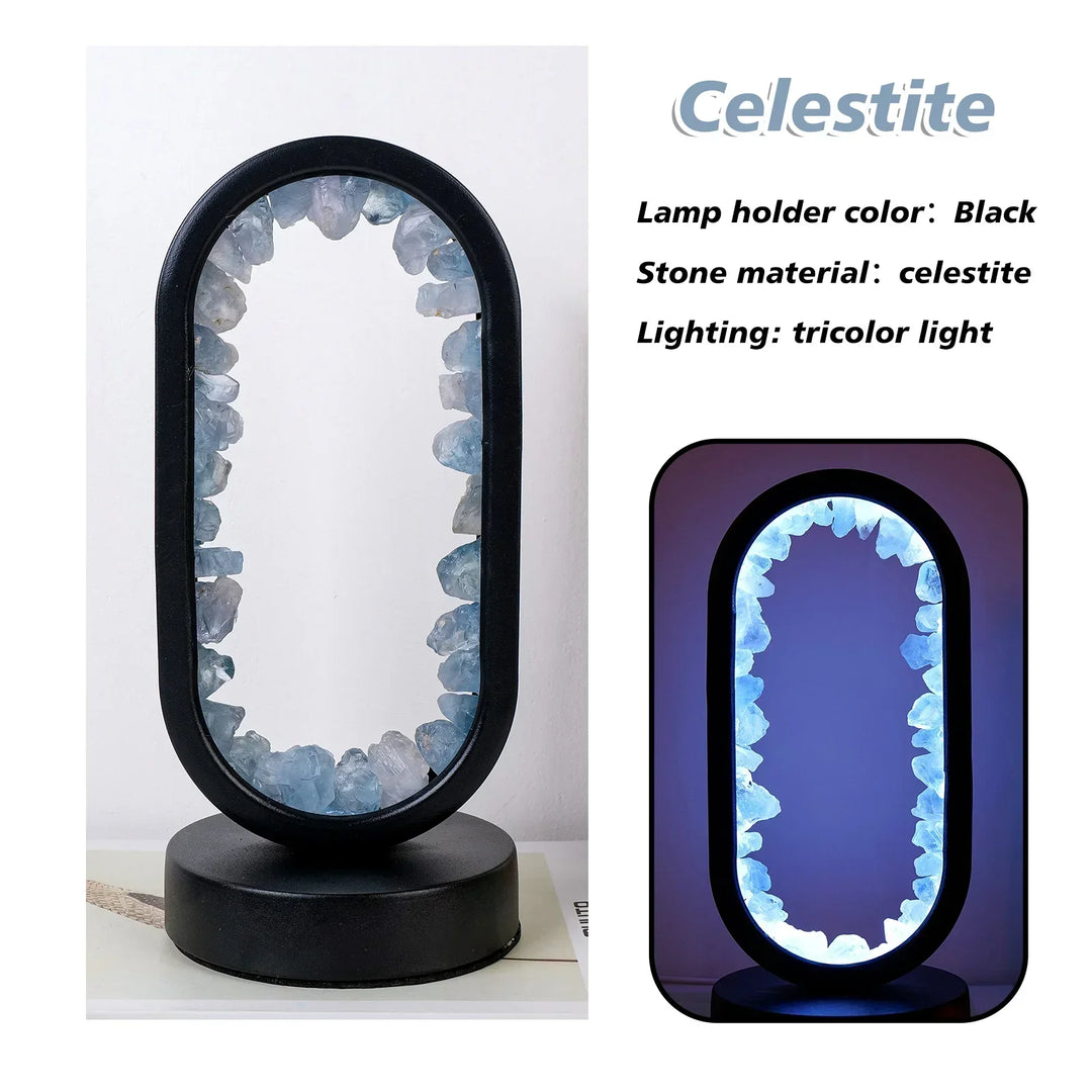 AuraStone lamp van natuurlijke amethist en celestiet, sfeervolle verlichting en blikvanger.