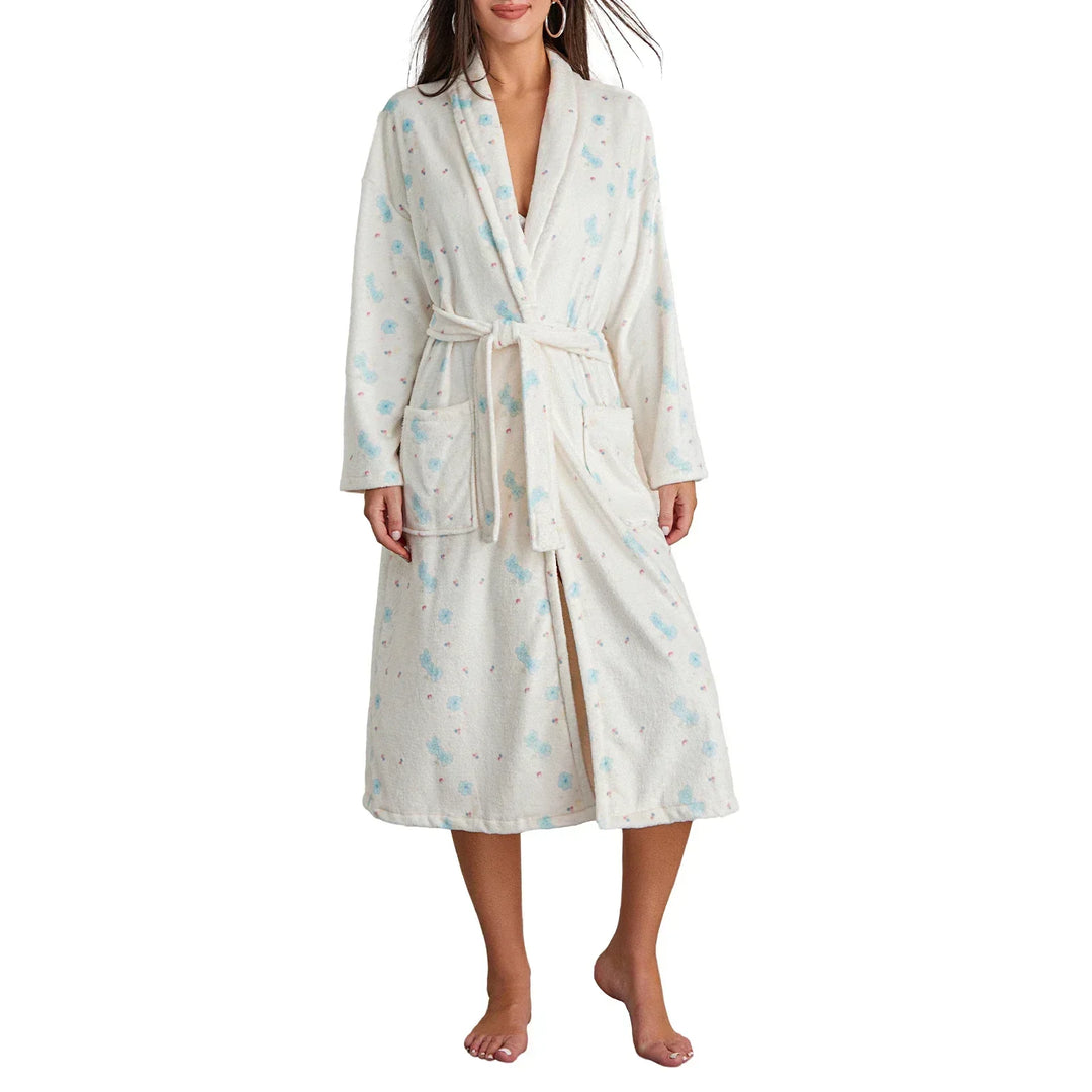 Luxe dames badjas met elegant bloemmotief, heerlijk zacht en comfortabel. Perfecte nachtkleding.