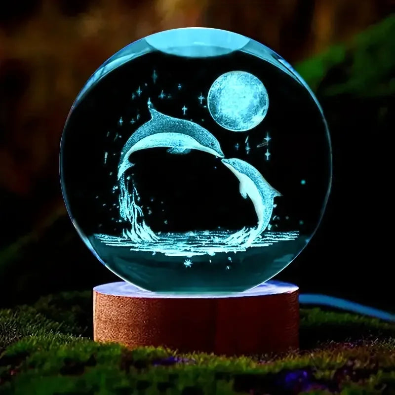 Kristallen bol met gedetailleerde 3D dolfijn gravure en sfeervol LED licht, ideaal voor decoratie en sfeerverlichting.