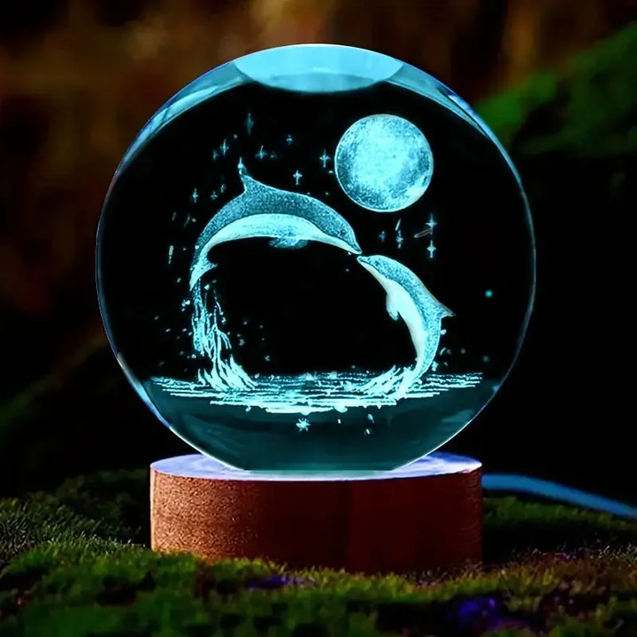 Kristallen bol met gedetailleerde 3D dolfijn gravure en sfeervol LED licht, ideaal voor decoratie en sfeerverlichting.