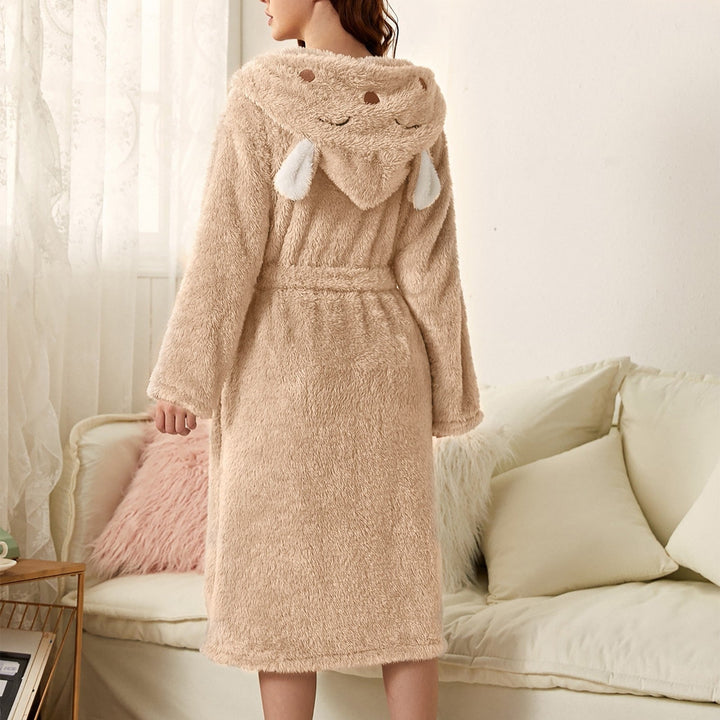 Warme dames badjas met konijnenoren, zacht fleece materiaal, perfect als ontspannen huispak.