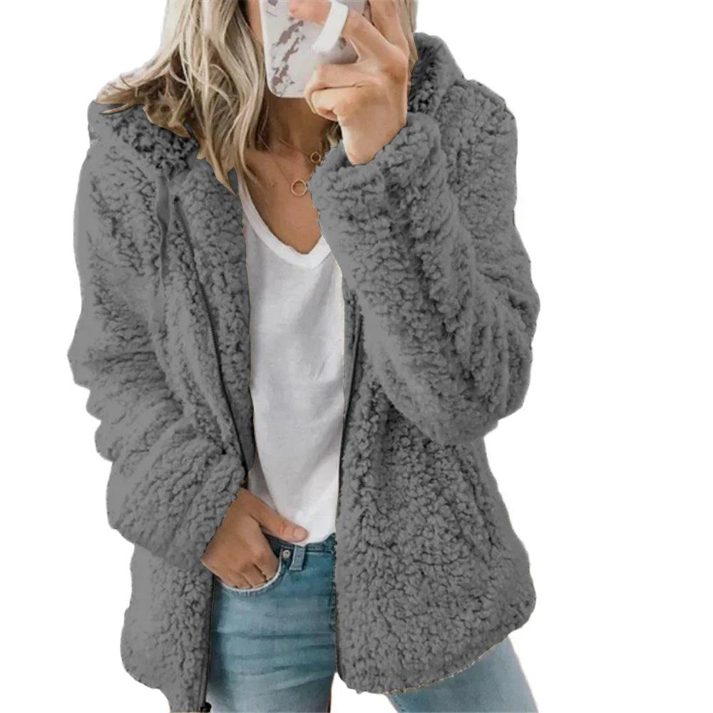 Dames warme pluche hoodie met rits en capuchon, comfortabele casual winterkleding.