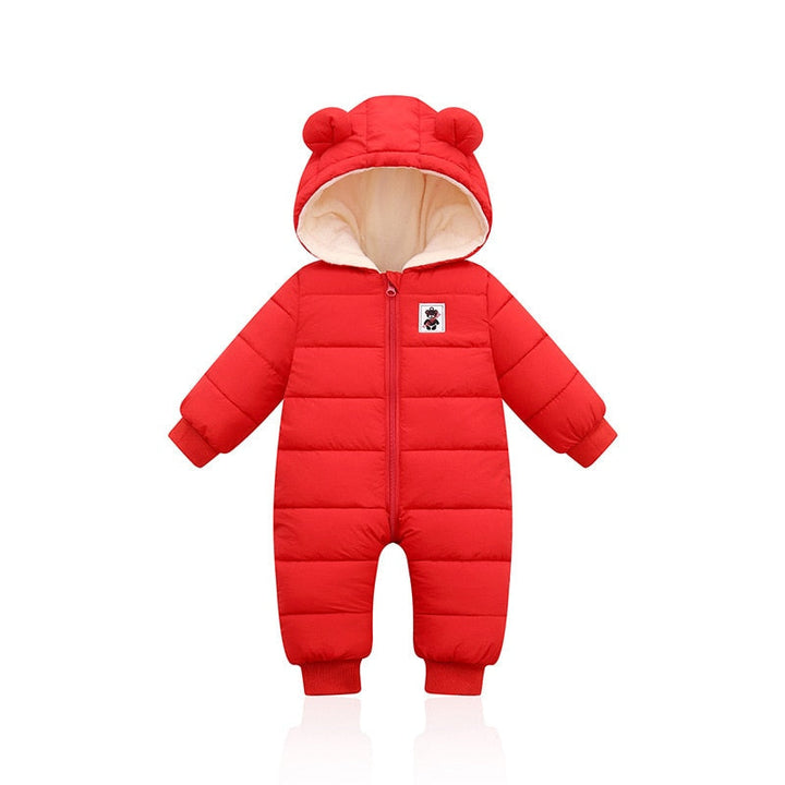 Warme baby winterromper met capuchon en schattige oortjes. Ideaal voor koude dagen.