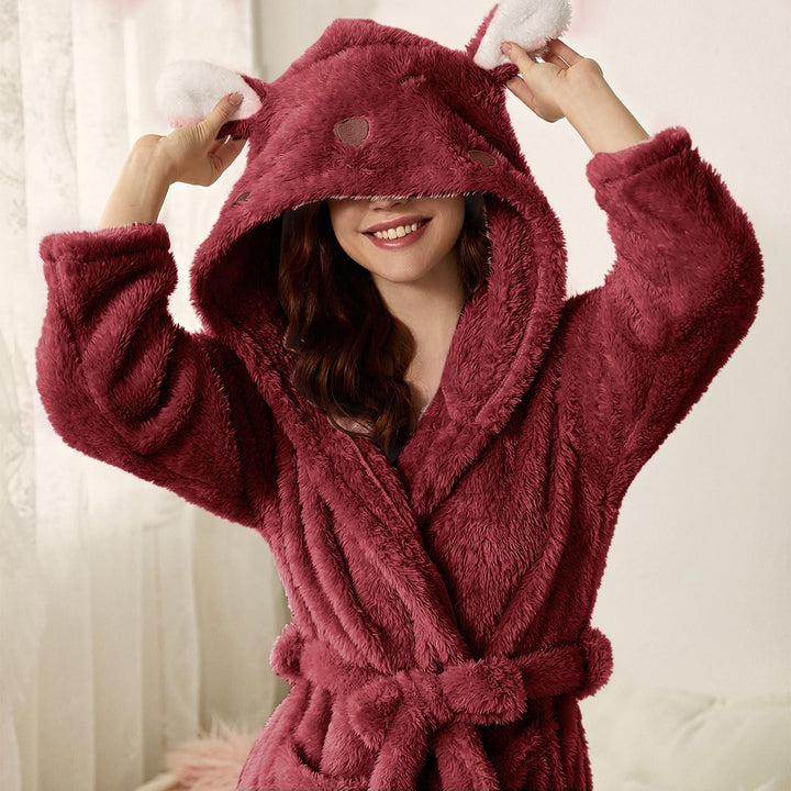 Dames Dolce badjas met konijnenoren, ultrazacht en warm. Perfect als comfortabele ochtendjas of huispak.