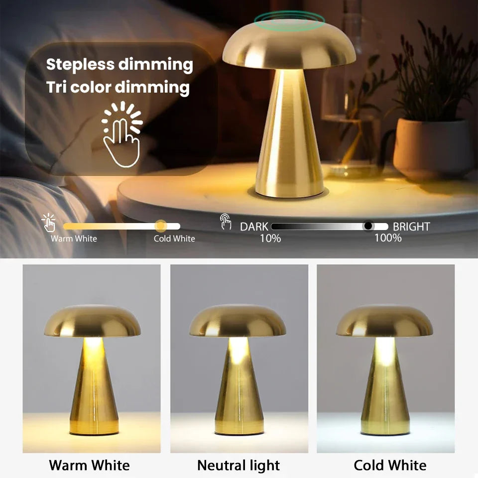 Stijlvolle retro paddenstoellamp van metaal, draadloos en dimbaar LED licht. Perfect voor sfeervolle decoratie.