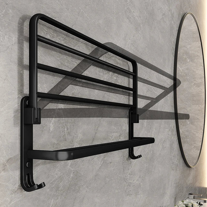 Stijlvol mat zwart badkamerrek, compact inklapbaar handdoekenrek van staal, perfect voor moderne interieurs.