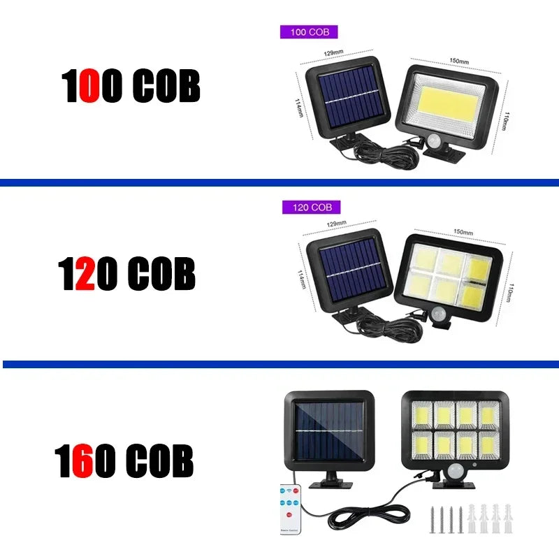 Draadloos 100 COB LED solarlicht met gevoelige bewegingssensor voor automatische buitenverlichting.