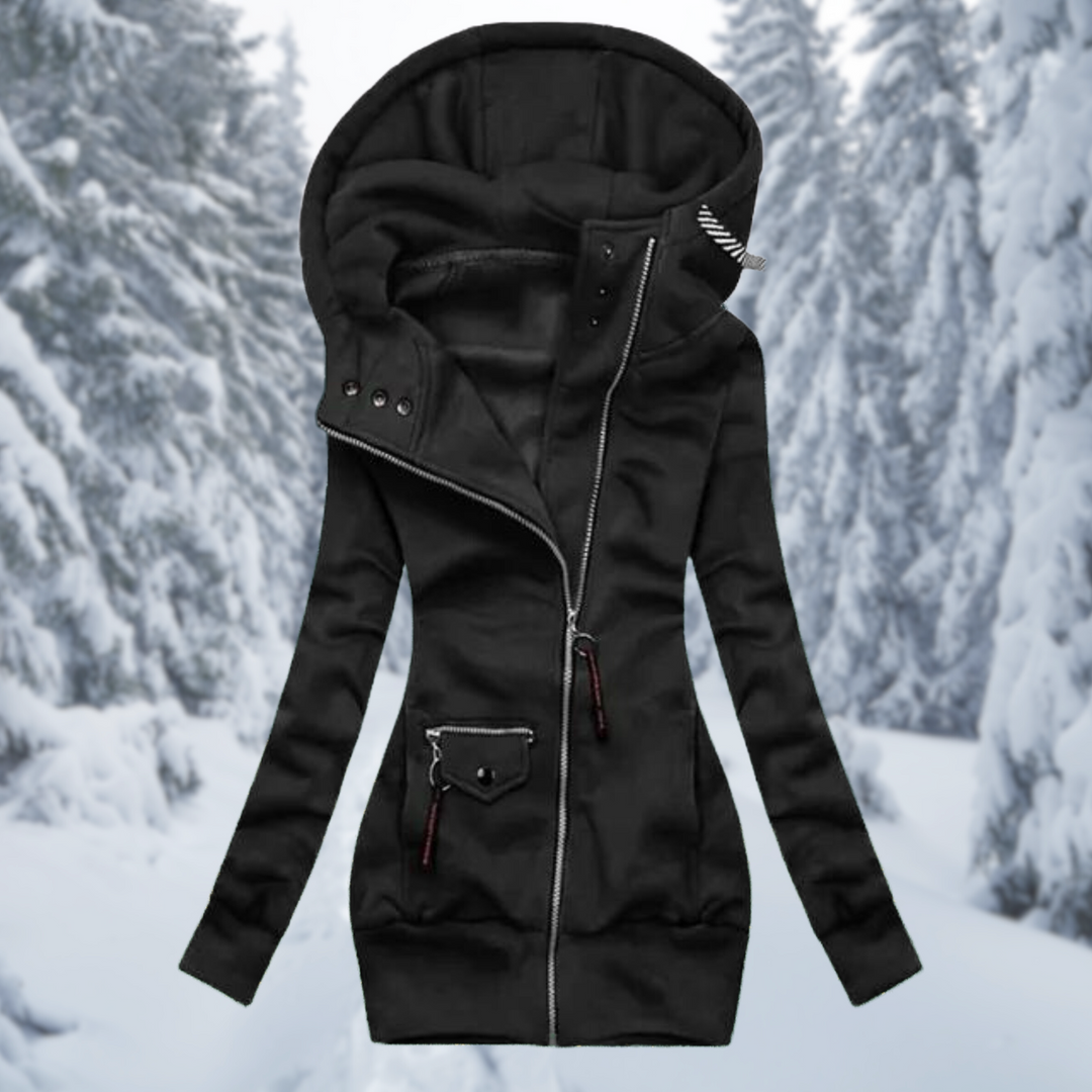Stijlvolle zwarte waterdichte dames tussenjas Aurora met capuchon, perfect voor lente en herfst.