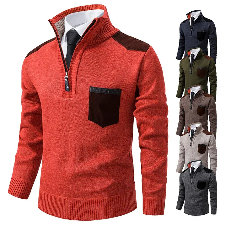 Detail close-up van de half zip sluiting op een modieuze heren trui.