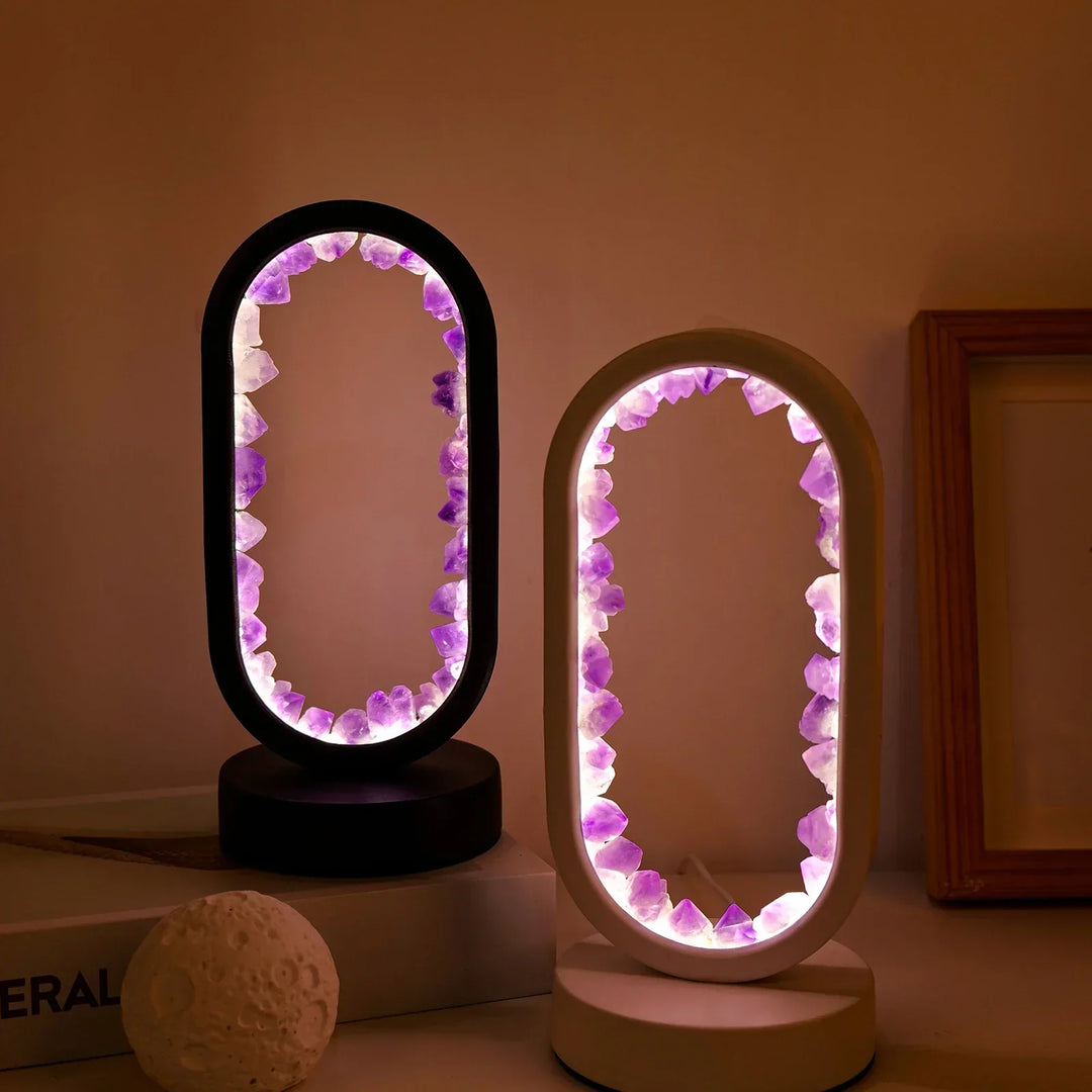 AuraStone amethist en celestiet kristal tafellamp, natuurlijke sfeerverlichting voor interieur.