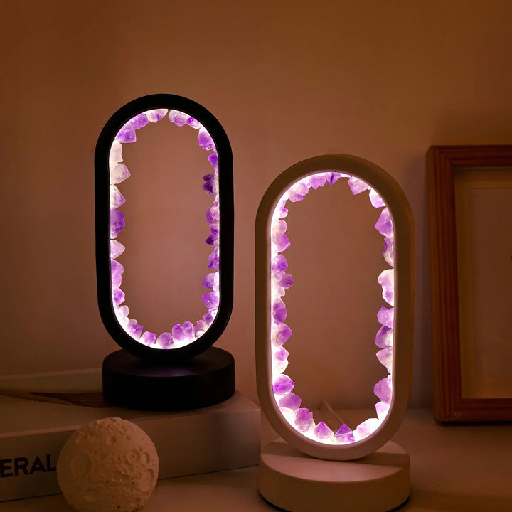 AuraStone amethist en celestiet kristal tafellamp, natuurlijke sfeerverlichting voor interieur.