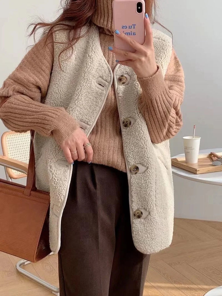 Elegant wollen damesvest, loosefit en warm, een veelzijdige toevoeging aan je wintergarderobe.