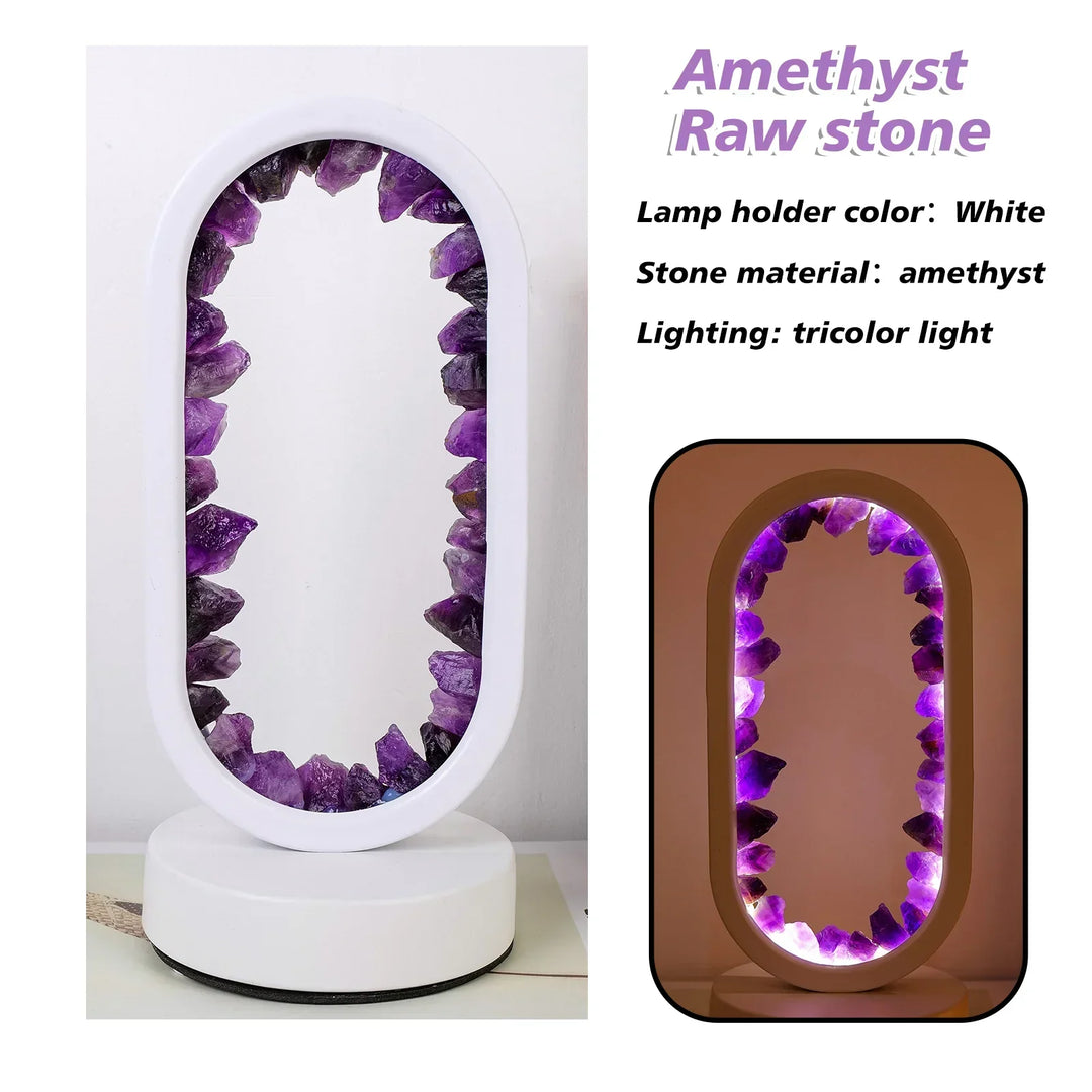 Natuurlijke accentverlichting met de AuraStone amethist en celestiet kristal tafellamp.