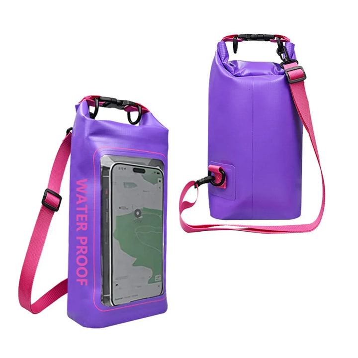Handige 2L dry bag met touchscreen venster voor telefoon, ideaal voor kajakken & outdoor activiteiten.