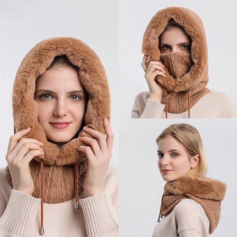 Warme thermo skimuts met geïntegreerde sjaal & halswarmer, perfect voor outdoor activiteiten.