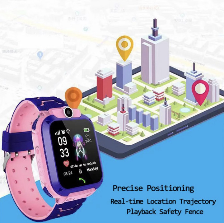 Waterdichte blauwe kinder smartwatch, LBS tracker en SOS horloge voor kinderveiligheid en communicatie.