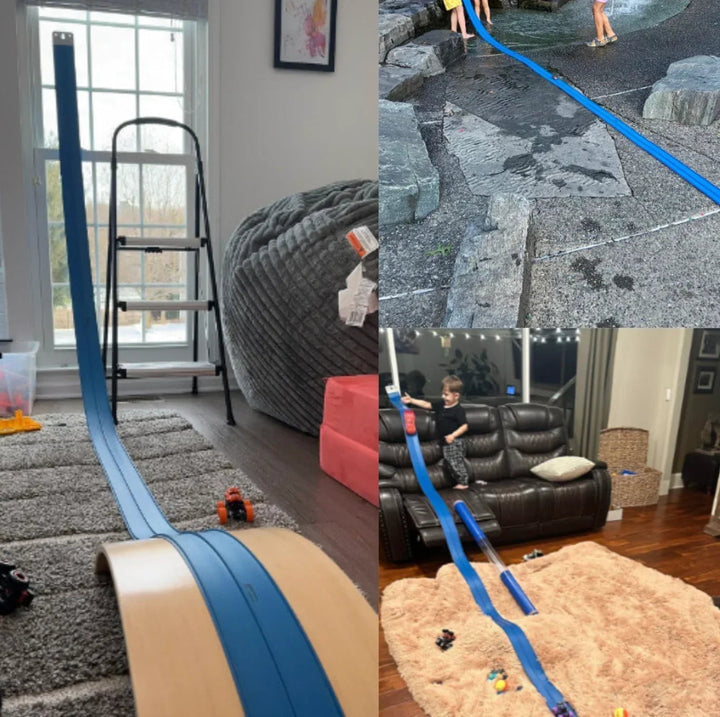 Kind speelt met flexibele speelbaan; bouwt creatief traject voor rijdende speelgoedvoertuigen.