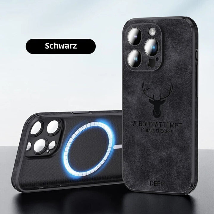 Compact iPhone hoesje van echt leer, slank design en effectieve schokabsorptie.