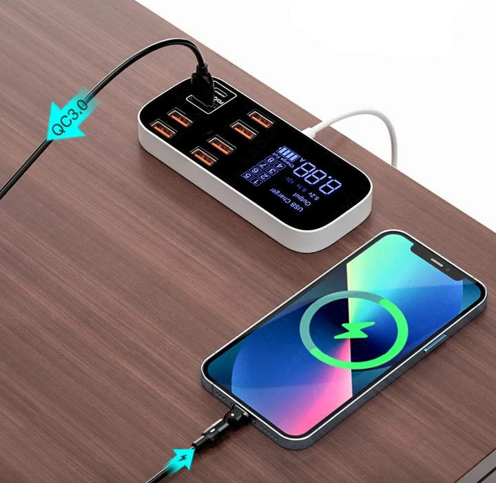 Snelladende multi USB oplader met meerdere poorten voor gelijktijdig opladen van telefoons & tablets.