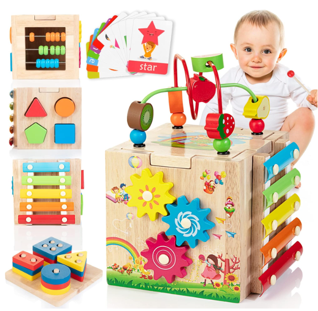 Houten 8-in-1 Montessori activiteitenblok voor kinderen, educatief speelgoed met diverse activiteiten voor peuters.