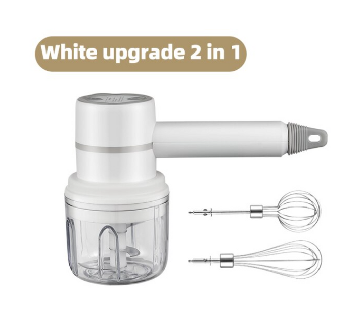 Draadloze multifunctionele handmixer met diverse opzetstukken voor mixen, kloppen en blenden van ingrediënten.