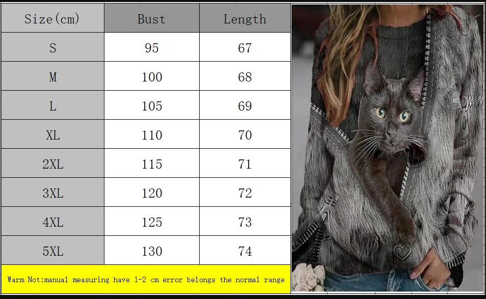 Dames trendy sweater met realistische 3D kattenprint. Ideaal voor casual lente/herfst mode en comfortabele stijl.