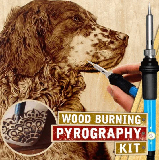 Houtbrandpen gereedschap set met diverse opzetstukken voor pyrografie op hout, leer en kurk; perfect voor creatieve hobbyisten.