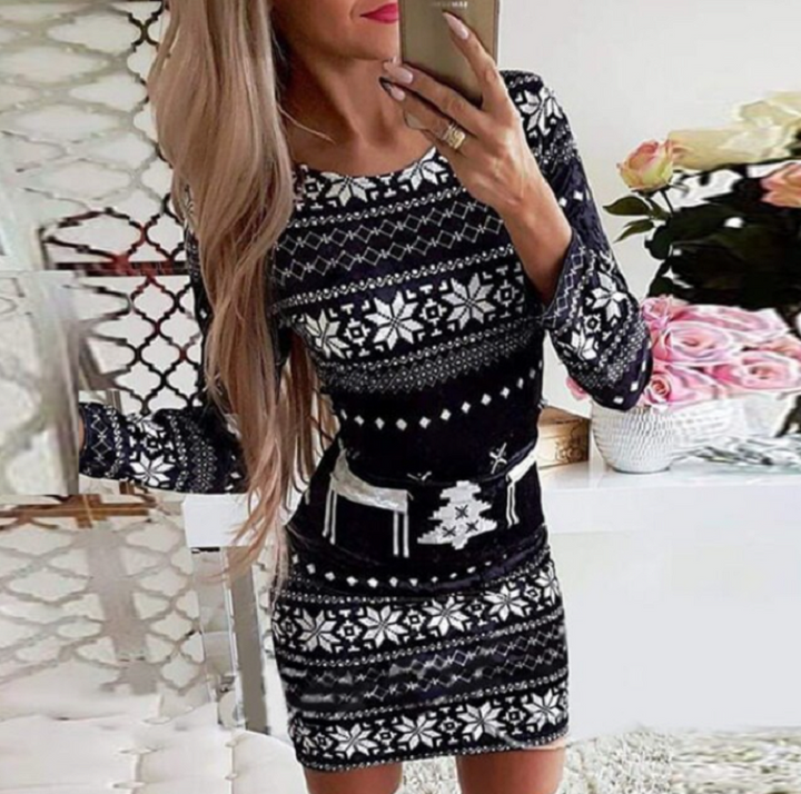 Zwarte lange mouwen damesjurk, slim fit en van stretchstof, uitstekend voor kerst en gala's.
