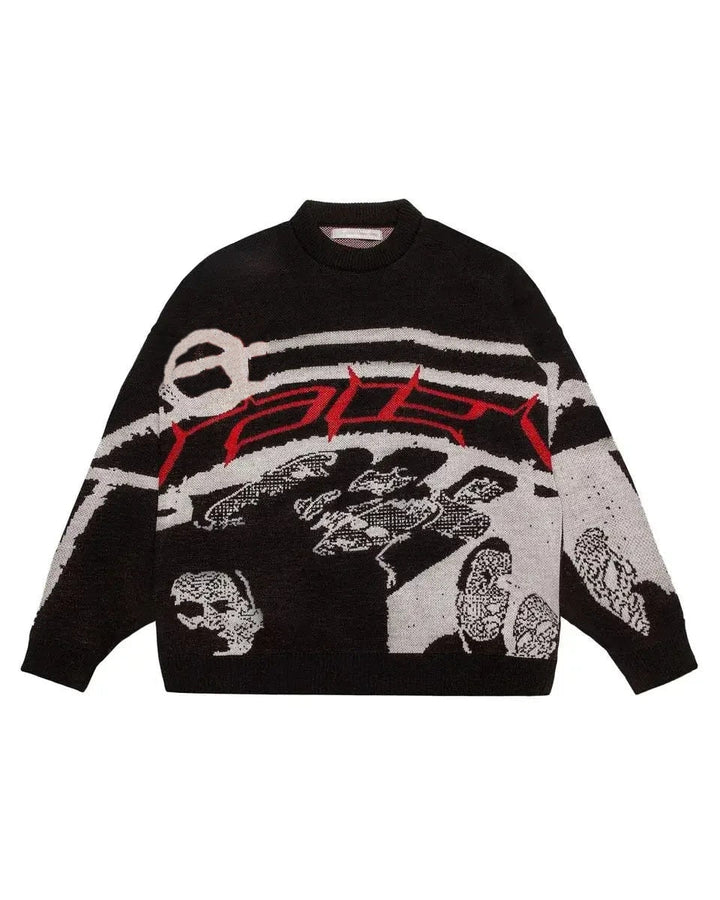 Model draagt oversized dames trui met unieke print, combineert comfort en moderne stijl.