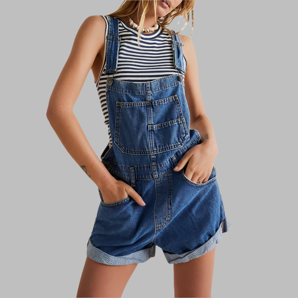Mouwloze denim jumpsuit voor dames, perfect voor een comfortabele en stijlvolle casual zomeroutfit.